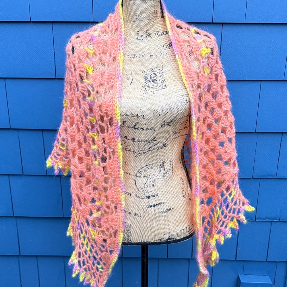 Handcrafted Pink and Yellow Knit Scarf crochet, coral, yellow, and purple wrap - Picture 7 of 9